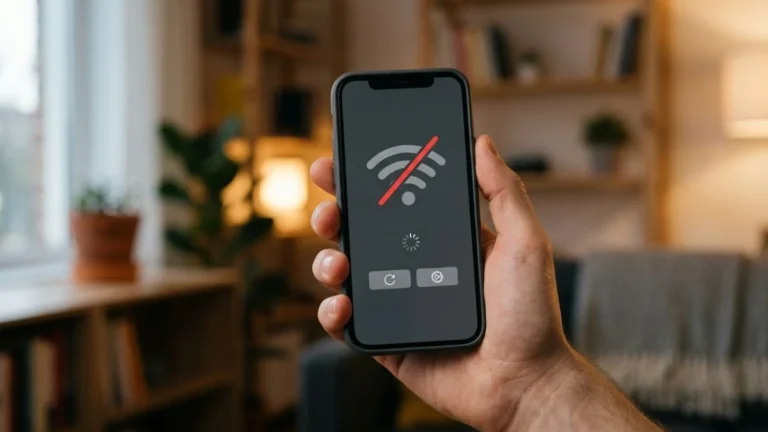 Tangan memegang HP menampilkan notifikasi error saat hp tidak bisa connect wifi ke jaringan rumah.