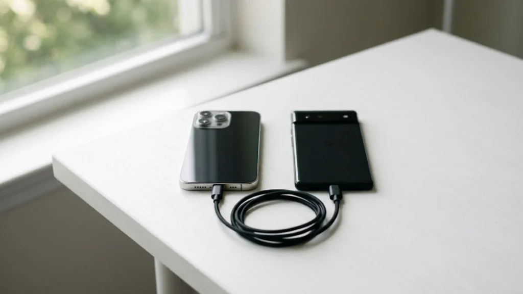 iPhone dan HP Android berdampingan dihubungkan kabel USB sebagai cara pindah foto iPhone ke Android.