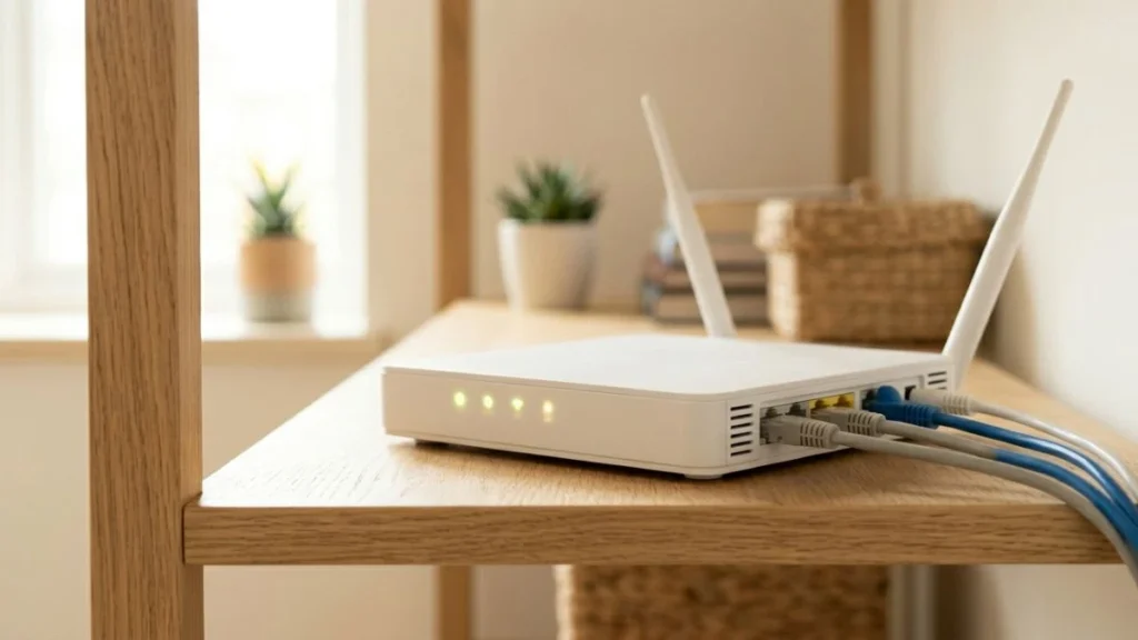 Router WiFi putih di atas rak kayu dengan lampu indikator menyala sebagai ilustrasi cara ganti password WiFi di rumah.