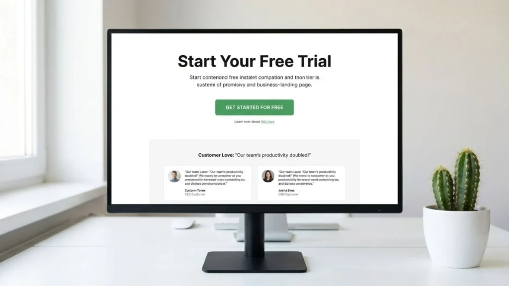 Cara membuat landing page yang efektif ditampilkan di layar monitor dengan tombol CTA yang menonjol