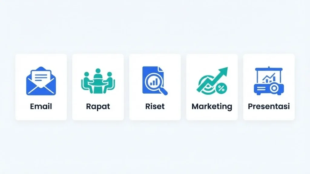 Infografik lima kategori contoh prompt ChatGPT: email, rapat, riset, marketing, presentasi