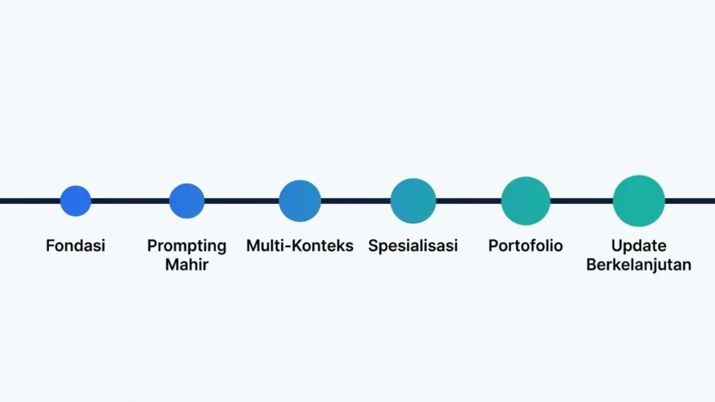 Infografik timeline enam tahap roadmap belajar AI dari fondasi hingga mahir